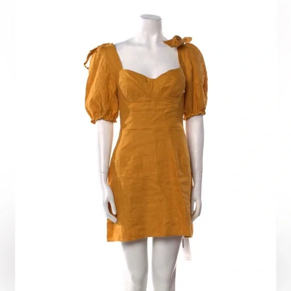 Reformation M 6 Yellow Linen Mini Dress Square Neck Puff Sleeve Summer Chic  - joarbit.com